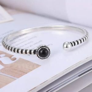 NEW S925 Bohemian Black Stone Cuff Bangle Bracelet
